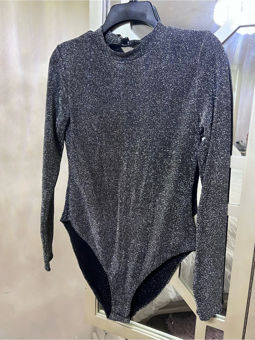 Forever 21 Silver Sparkle Long-Sleeve Bodysuit size large